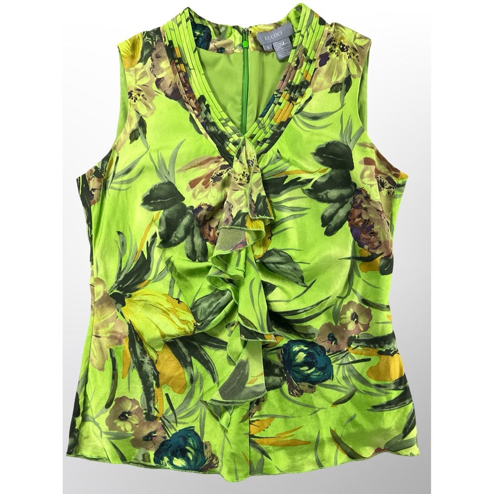 ECCOCI Womens 8 Silk Blend Floral Ruffle Blouse Top V-Neck Pleated Green